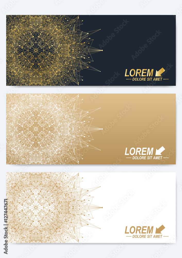 Poster Modern set of vector banners. Geometric abstract presentation with golden mandala. Molecule and communication background for medicine, science, technology, chemistry. Digital or science representation
