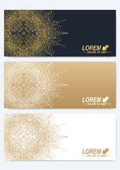Modern set of vector banners. Geometric abstract presentation with golden mandala. Molecule and communication background for medicine, science, technology, chemistry. Digital or science representation