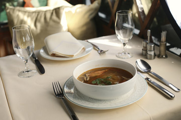 Shrimp soup served in a restaurant 