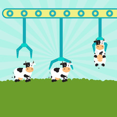 Machine (conveyor) with grippers carrying cows in the pasture. Serial production. Concept.
