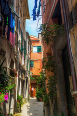 Fototapeta na wymiar picturesque scene of old houses with shuttered windows in Vernazza, Cinqueterre, Italy