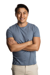 Obraz premium Handsome relaxed man wearing a tshirt and pants standing against a white background, relaxed looking.