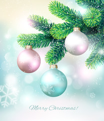 Fototapeta na wymiar Christmas background with fir branch and balls. Vector illustration.