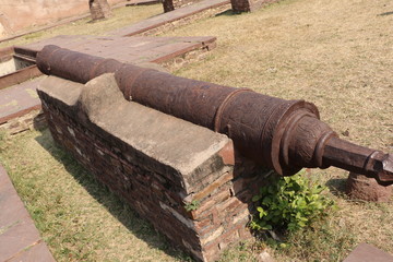 Antique artillery cannon kept for public exhibition in thousand years old Narwar Fort, Shivpuri, Madhya Pradesh.