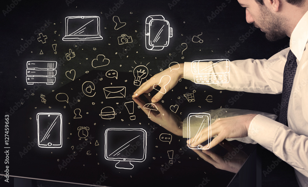 Poster Man pressing table tablet hand touch interface with media icons