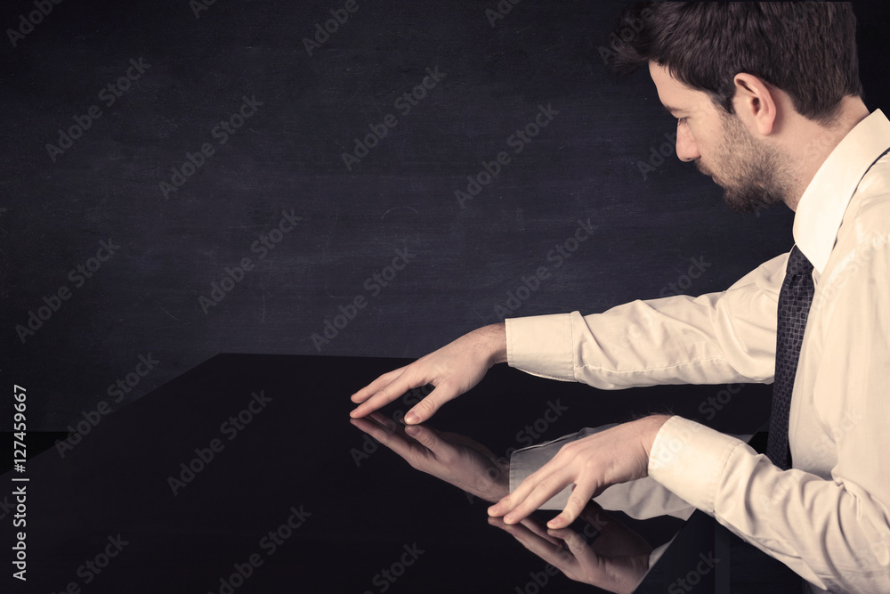 Poster Close up of a hand touching smart table with copy space