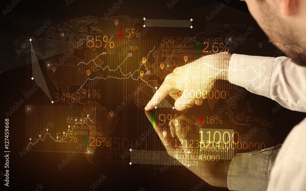 Poster Hands navigate on high tech smart table with business icons