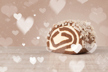Delicious party cakes with heart shape symbols on colorful backg