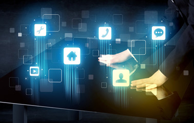 Modern smart table with high tech icons on its interface screen