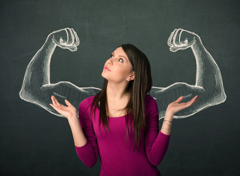 woman with sketched strong and muscled arms