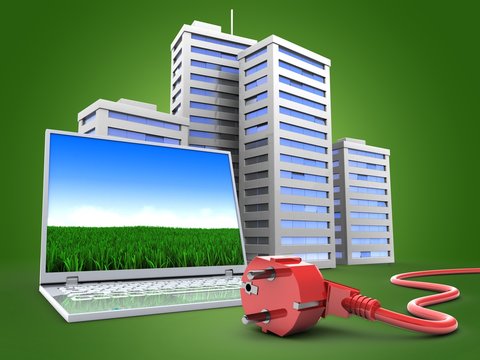 3d illustration of computer over green background with city and power cord