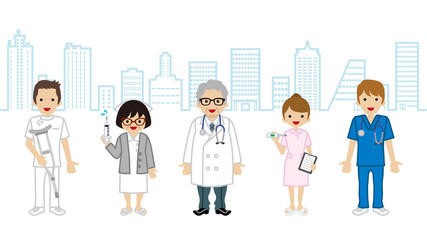 Medical Occupation team in Cityscape background