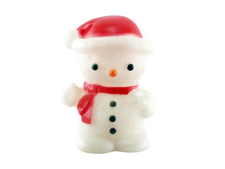 close up single snowman lamp wearing red hat and scarf isolated on white background, doll for christmas festival decoration