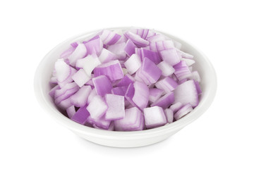 red onion slices in a bowl on a white background
