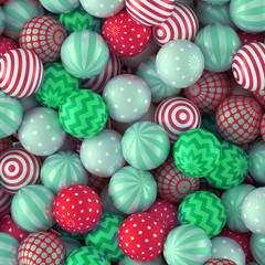 3d illustration, abstract red green Christmas balls, kids playground, seasonal holiday background, bonbons