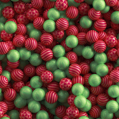Fototapeta na wymiar 3d illustration, abstract red green Christmas balls, kids playground, seasonal holiday background, bonbons