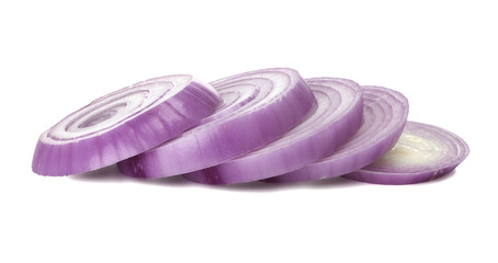 red onion slices on white background