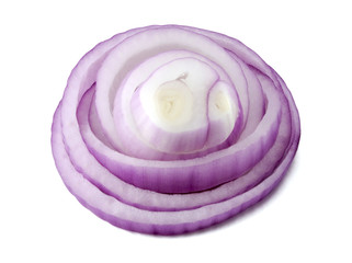 red onion slices on white background