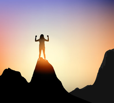 Freedom concepts,young woman on top mountain vector silhouette people nature background