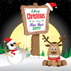 Snowman and Reindeer with wooden sign in winter on night sky background. Merry Christmas and Happy New Year on wooden sign.