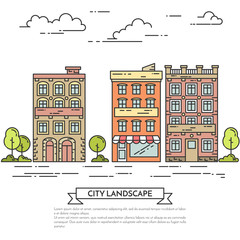 City landscape with houses, trees and clouds Flat line art