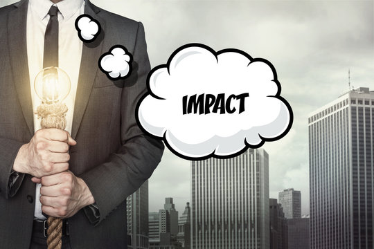 Impact text on speech bubble with businessman