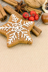 homemade gingerbread cookies, nuts, fruits, red berries on brown paper background