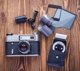 old soviet rangefinder camera,exposure meter and another trappings of film photography.