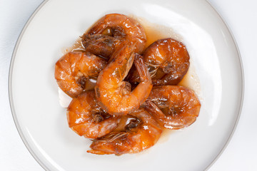 sweet shrimp in plate paste on white table, thai food