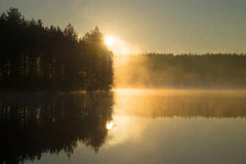 Fototapeta na wymiar Rising in morning fog on the forest lake. Morning in Finland