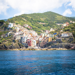 Fototapeta na wymiar Riomaggiore in Cinque Terre, Italy - Summer 2016 - view from the