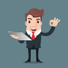 Businessman with Tablet Gesturing OK and Winking.-Vector illustr