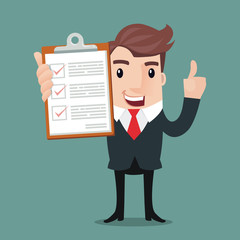 businessman hold clipboard and checklist,A man in a suit shows a