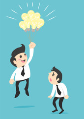 Businessman flying by the bulb balloon.- vector illustrator