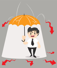 Business man with umbrella in hand to protect red arrow.- vector