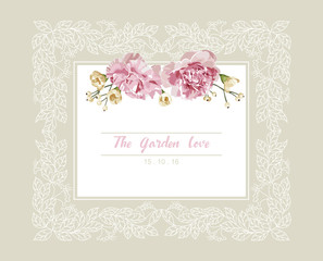 Romantic wedding invitation. Vintage card with pink and yellow flowers and floral white outline frame vector.