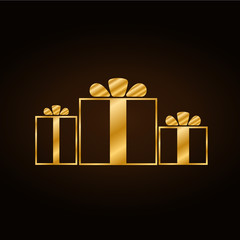 Christmas gold gift with ribbon icon. Giftbox golden flat sign decoration, isolated on black background. Symbol New Year celebration, presents, surprise, birthday, holiday. Vector illustration
