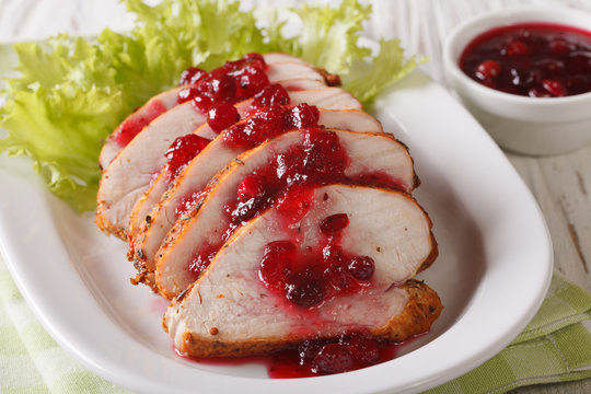 Sliced roasted turkey breast with cranberry sauce on a plate close-up. Horizontal