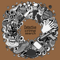 Cartoon cute doodles hand drawn Detective and criminal vector illustration. Black and white detailed, with lots of objects background.