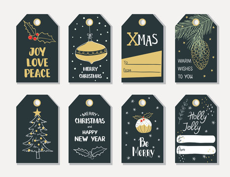 Set Of Hand Draw Christmas Gift Tags