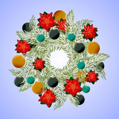 Christmas wreath with poinsettia and balls. Merry Christmas. Christmas decoration.