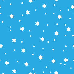 Fototapeta na wymiar Snowflake simple seamless pattern. White snow on blue background. Abstract wallpaper, wrapping decoration. Symbol of winter, Merry Christmas holiday, Happy New Year celebration Vector illustration