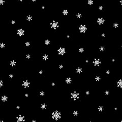 Snowflake simple seamless pattern. White snow on black background. Abstract wallpaper, wrapping decoration. Symbol of winter, Merry Christmas holiday, Happy New Year celebration Vector illustration