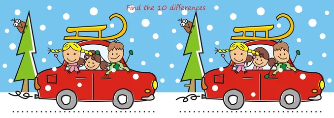 Fotobehang car and sledge, game, find ten differences © janista