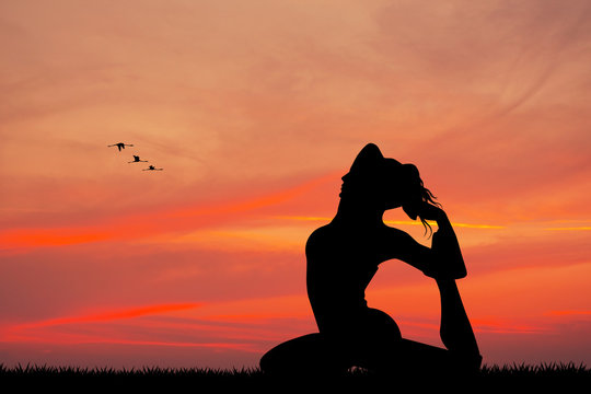 girl doing yoga silhouette at sunset