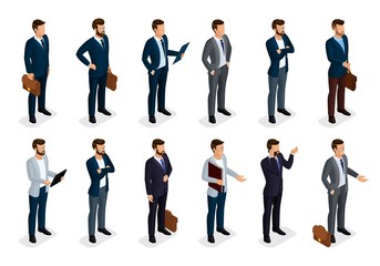 Business people isometric set of men in suits isolated on a white background, beard styling stylish hairstyle mustache office. Qualitative study. Vector illustration