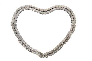 Roller chain / View of dirty roller chain on white background, shaped heart. Top view.