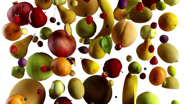 fruits fall on white animation looped