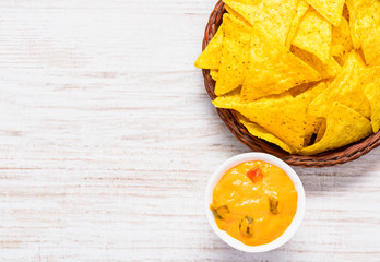 Nachos Cheese Dip on Copy Space in Top View