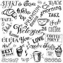 Coffee and cocoa- lettering set ,hand drawn on white  background